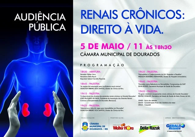 Cartaz enfatiza a programação da audiência pública sobre renais crônicos. (Foto: Reprodução)