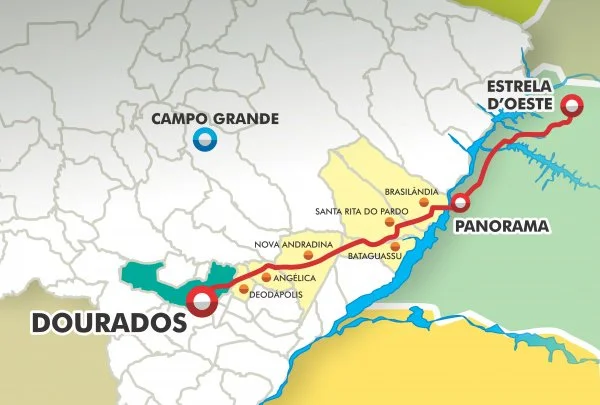 Mapa do traçado da EF 267, que ligará Estrela d'Oeste (SP) a Dourados (MS)