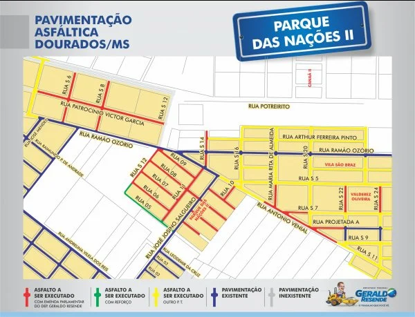 Mapa das ruas que terão asfalto novo, no Parque das Nações II (além da S 33, contemplada em outro plano de trabalho).