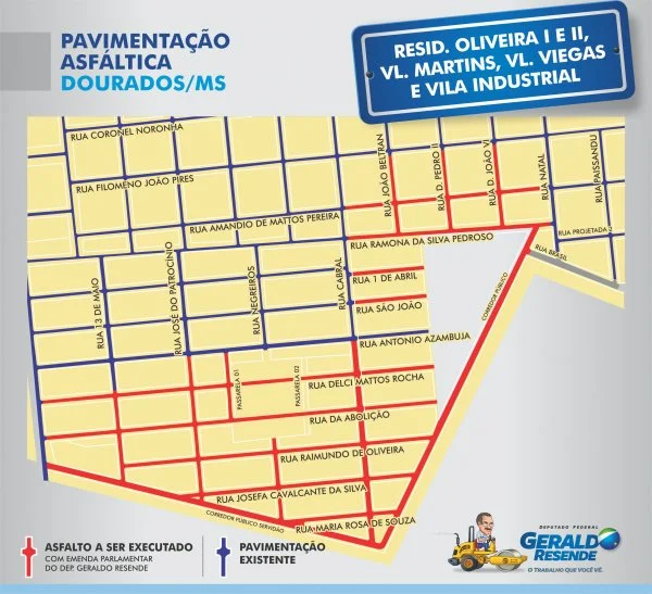 Ruas dos residenciais Oliveira I e II, Vila Martins, Vila Viegas e Vila Industrial, que receberão asfalto