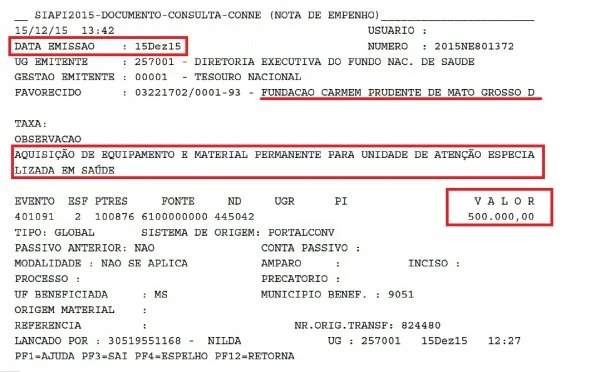 Documento que registra o empenho (garantia dos recursos) para a aquisição do tomógrafo