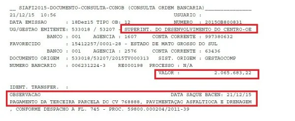 Ordem bancária, documento que comprova o depósito dos recursos federais na conta do Governo do Estado.